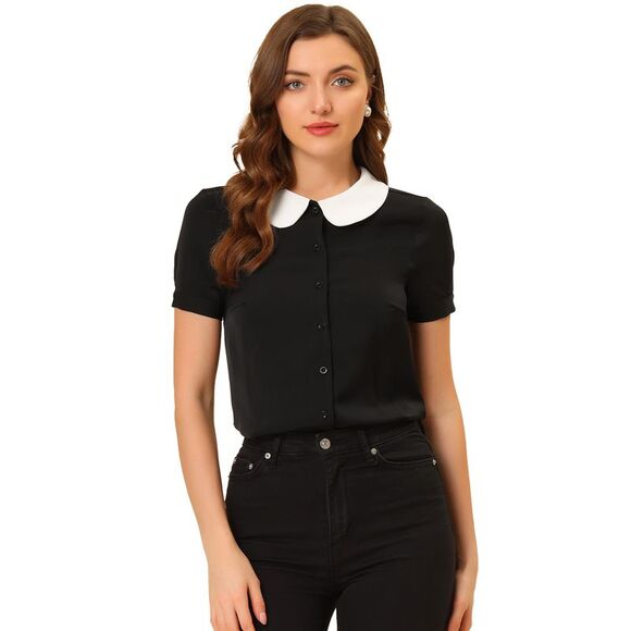 Peter Pan Collar Blouse Contrast Collar Button Down Chiffon Top Black - Picture 1 of 6